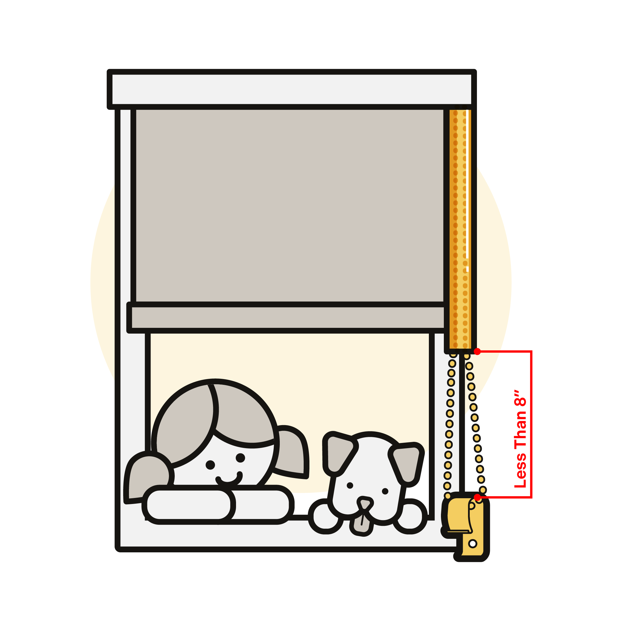 The exposed length of the rope in the commonly used chain guard for Blinds is less than 8 inches minimum.